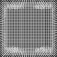 Black and white grid pattern creating an optical illusion of depth and perspective in a square format