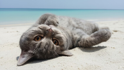 Close-up of a cute, fluffy Scottish Straight cat lying upside down on the soft sand of a tropical beach. The serene turquoise water provides a perfect backdrop for this relaxing feline moment