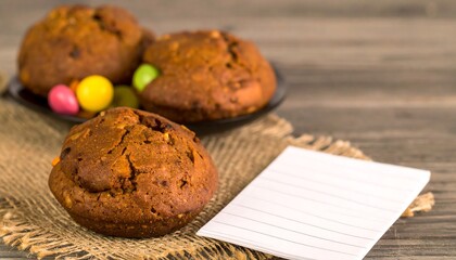 Three muffins, colorful candies, and a note on a rustic table
