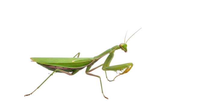 Isolated Praying Mantis insect with spiky forearms poses on a plain surface at eye level