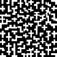 Abstract pattern of white crosses and t shapes on a black background creating an intricate design effect