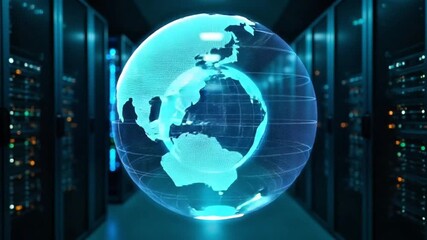 Digital globe rotating in server room with network connections for global data transfer - Powered by Adobe