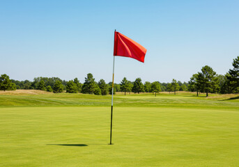 Summer Outdoor Golf Tournament with Red Flag on Fresh Turf. National Golf Day