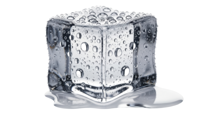 Isolated ice cube is melting slightly leaving a puddle underneath, full of water droplets
