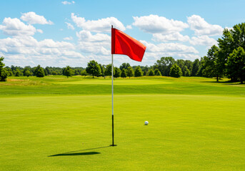 Obraz premium Summer Outdoor Golf Tournament with Red Flag on Fresh Turf. National Golf Day