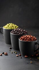 Three mugs of different beans on a dark surface