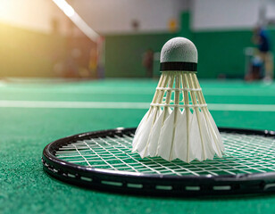 Badminton shuttlecock on racket indoors