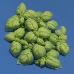 Fresh green basil leaves piled against a vibrant blue background.