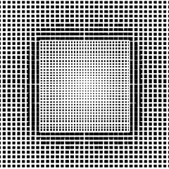 Black and white square pattern with varying density creating a visual depth and optical illusion effect