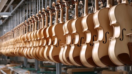 A row of violins are hanging on a line