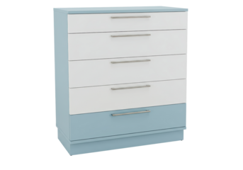 Isolated chest of drawers, modern five-drawer cabinet, light blue and white color scheme