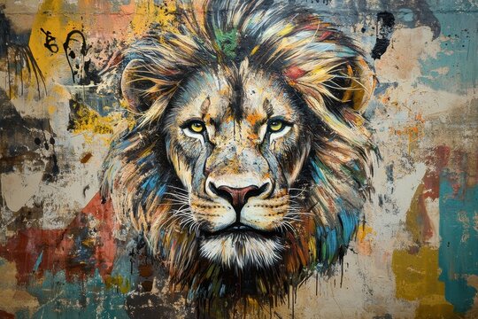 Majestic lion head collage art vibrant colors powerful king of beasts dominating presence