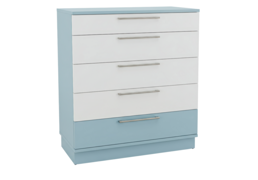 Isolated chest of drawers, modern five-drawer cabinet, light blue and white color scheme