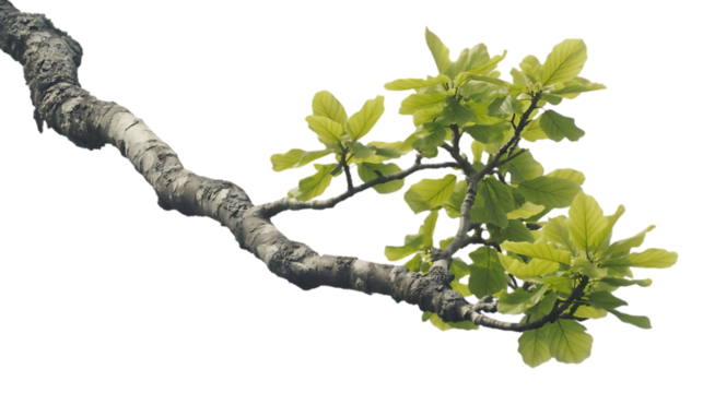 Tree Branches with Bright Green Leaves, Light Gray-Brown Trunk, High-Resolution Foliage, Detailed Leaf Textures