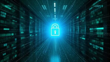 Data security concept animation with padlock in server room for network protection - Powered by Adobe