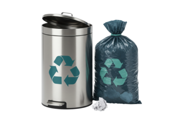 Isolated trash can and bag with recycling symbol for garbage, recycling, and waste collection