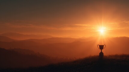 Golden Trophy Silhouetted Against Fiery Sunset Sky, Symbolizing Achievement and Victory.