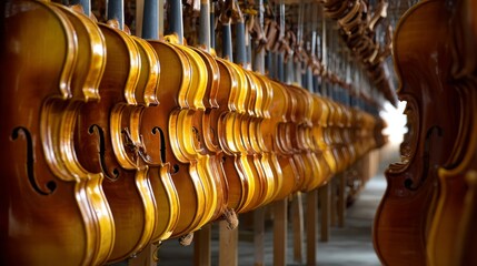 A row of violins are lined up in a warehouse