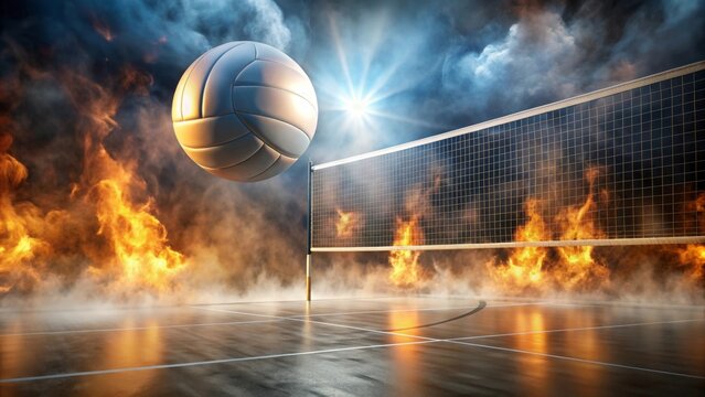 Fiery Volleyball Court Dramatic Action Shot of a Ball in Flight Above a Burning Net and Smoky Court