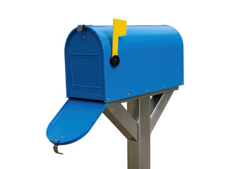 Isolated blue rural residential mailbox on a wooden post with yellow flag ready for mail