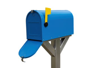 Isolated blue rural residential mailbox on a wooden post with yellow flag ready for mail
