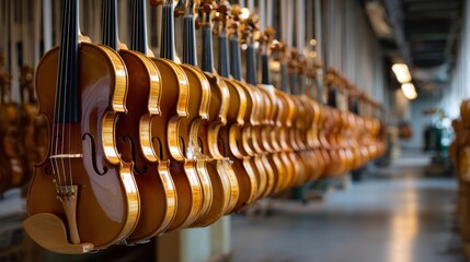 A row of violins hanging from the ceiling