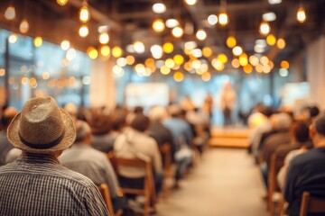 Fototapeta premium Participants engaged in a discussion at an event illuminated by warm lights in a modern venue