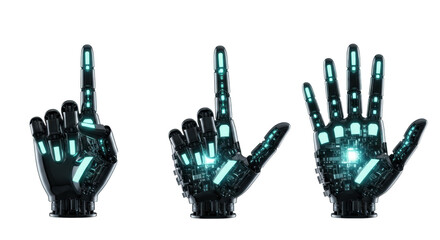 Five futuristic robotic chrome hands, glowing blue-green circuitry, articulating numerical states, isolated on a white studio background, concept of advanced automation