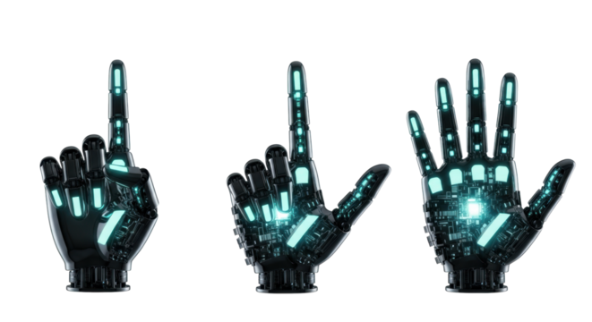 Five futuristic robotic chrome hands, glowing blue-green circuitry, articulating numerical states, isolated on a white studio background, concept of advanced automation