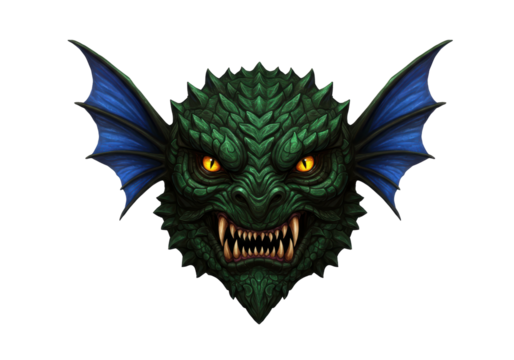 Isolated sea monster head with evil yellow eyes, fin ears, and sharp teeth, no background
