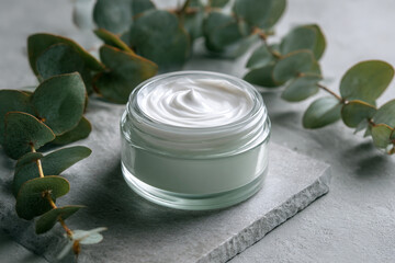 Moisturizing Face Cream in Jar with Eucalyptus Leaves