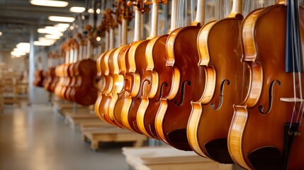 A row of violins hanging on a wall