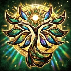 Fototapeta premium Colorful artistic representation of a tree of life with vibrant leaves and a glowing sun at the center, symbolizing growth.