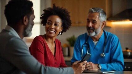Couple consults with doctor at home, showing phone screen, healthcare visit and medical advice - Powered by Adobe
