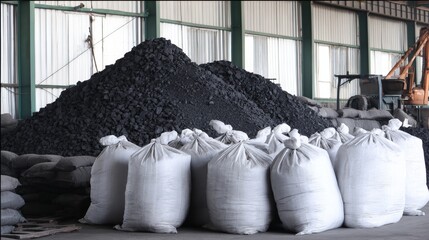 A pile of coal and bags of coal are stacked in a warehouse