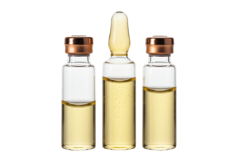 Isolated bottles with drug, vaccination liquid, sterile vials with golden stopper, health