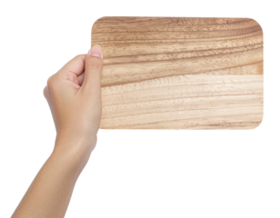 Flat Lay Human Hand Holding Blank Wooden Sign, Realistic Wood Grain, Transparent Background