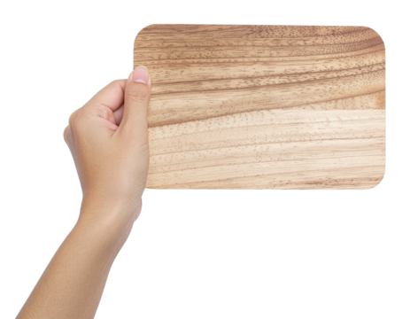 Flat Lay Human Hand Holding Blank Wooden Sign, Realistic Wood Grain, Transparent Background