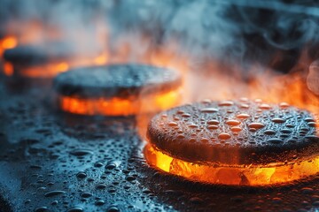 Flames and droplets create a captivating display on a heated surface as cooking begins in a restaurant kitchen