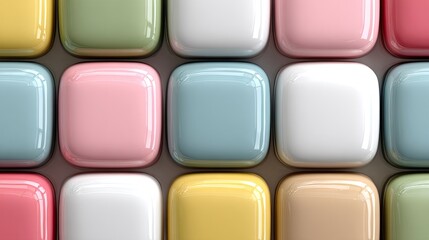 Close-up of a grid of glossy, pastel-colored, rounded square objects