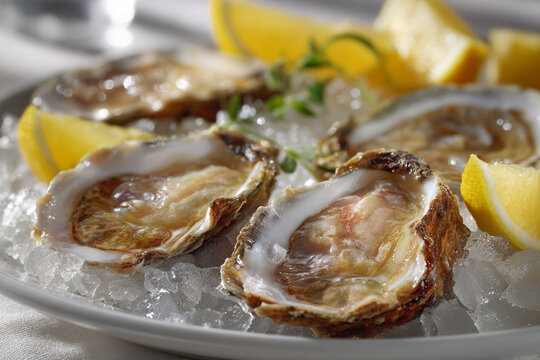 Close-up of raw oysters served on crushed ice with lemon slices