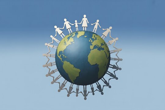 Diverse global community holding hands around planet Earth, symbolizing unity and connection