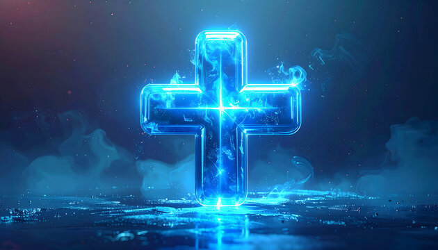 Glowing blue cross symbol, fiery energy, dark background, reflective surface.