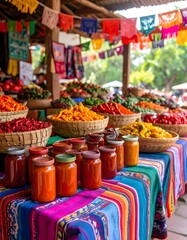 Fototapeta premium Vibrant Mexican Market Display: Peppers, Sauces, and Festive Banners