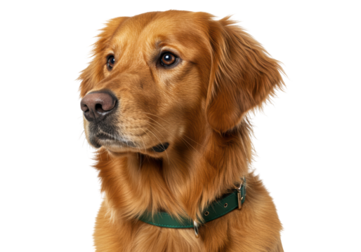 Isolated Golden Retriever dog wearing green collar portrait looking left at something unseen