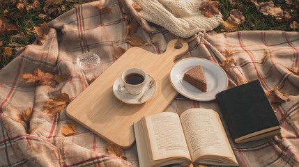 Cozy animated scene of an autumn picnic with coffee, cake, and an open book on a plaid blanket, embodying a 'hygge' and 'dark academia' aesthetic for fall season campaigns.