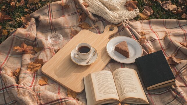 Cozy animated scene of an autumn picnic with coffee, cake, and an open book on a plaid blanket, embodying a 'hygge' and 'dark academia' aesthetic for fall season campaigns.