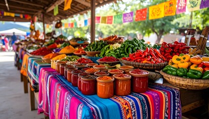 Vibrant Mexican Market Displaying Colorful Peppers, Spices, and Homemade Sauces in Glass Jars