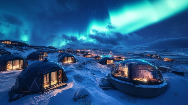 Experience the serene beauty of nature at night. Observe the spectacular auroras dancing across the sky. Enjoy unique accommodations in a stunning landscape. Generative AI