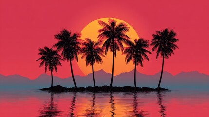 Silhouette of palm trees on a small island at sunset, reflected in calm water with a large orange sun and distant mountains